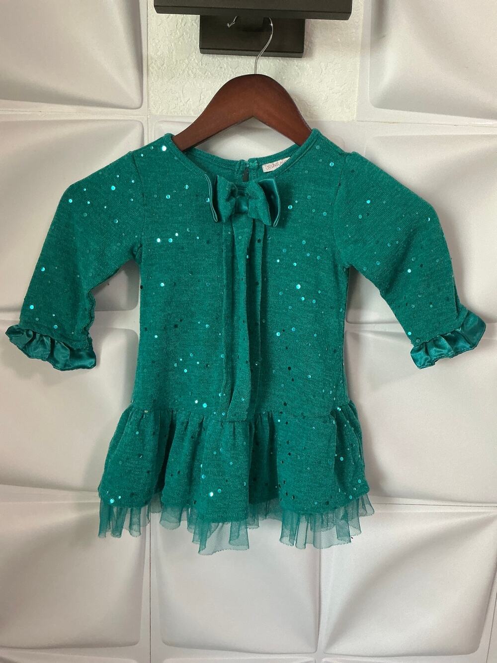 Youngland Baby Girls Green Ruffle Tie Neck Tulle Trim Long Sleeve Dress